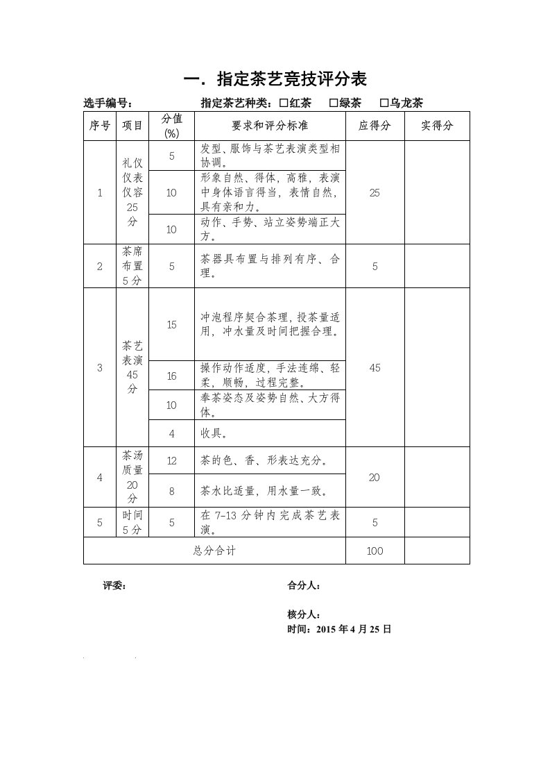 指定茶艺评分表