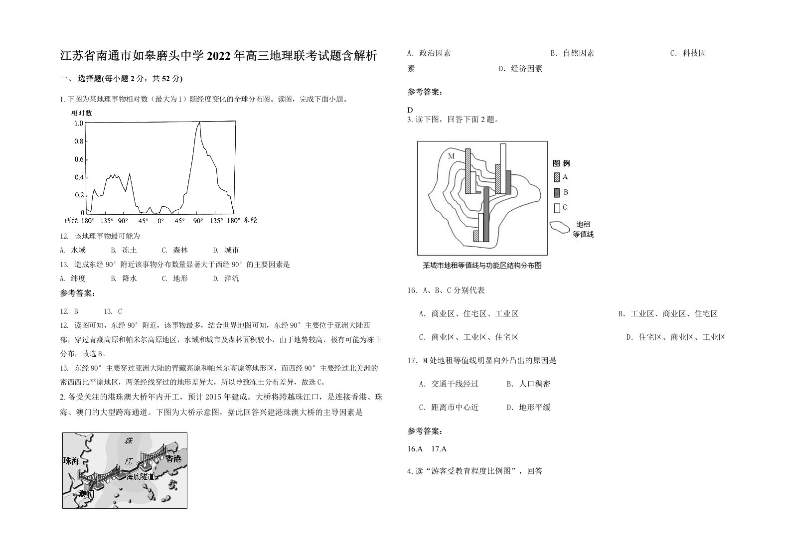 江苏省南通市如皋磨头中学2022年高三地理联考试题含解析