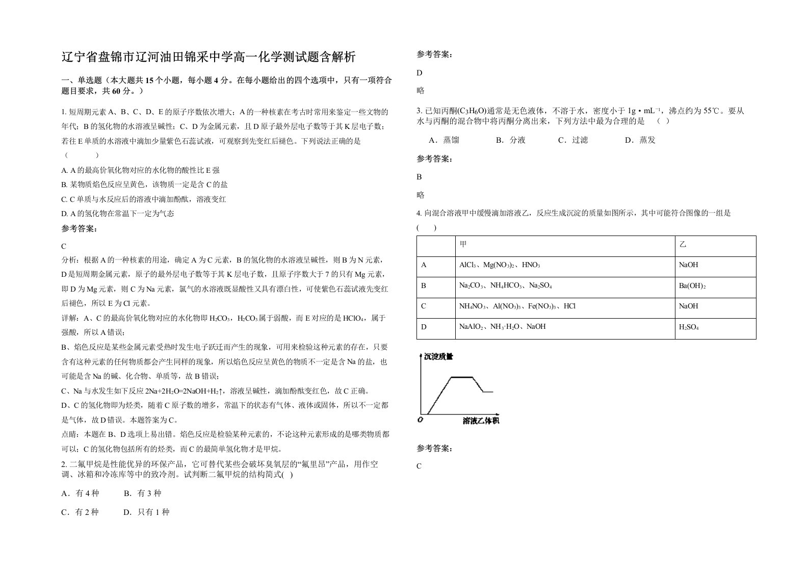 辽宁省盘锦市辽河油田锦采中学高一化学测试题含解析