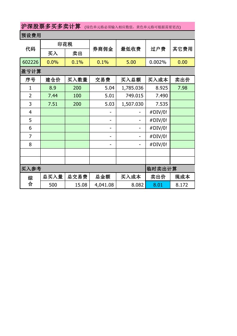 多功能股票买卖计算器(加仓平仓收益)