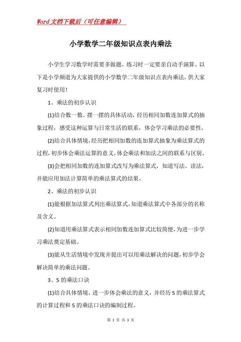 小学数学二年级知识点表内乘法