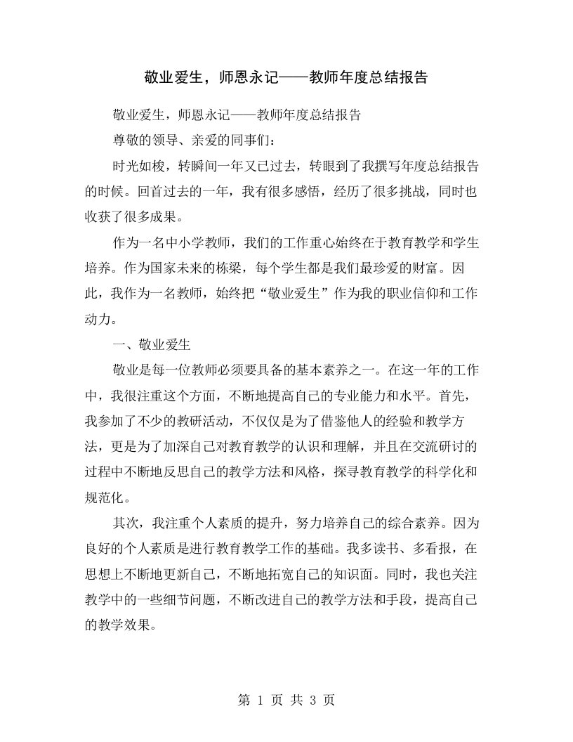 敬业爱生，师恩永记——教师年度总结报告