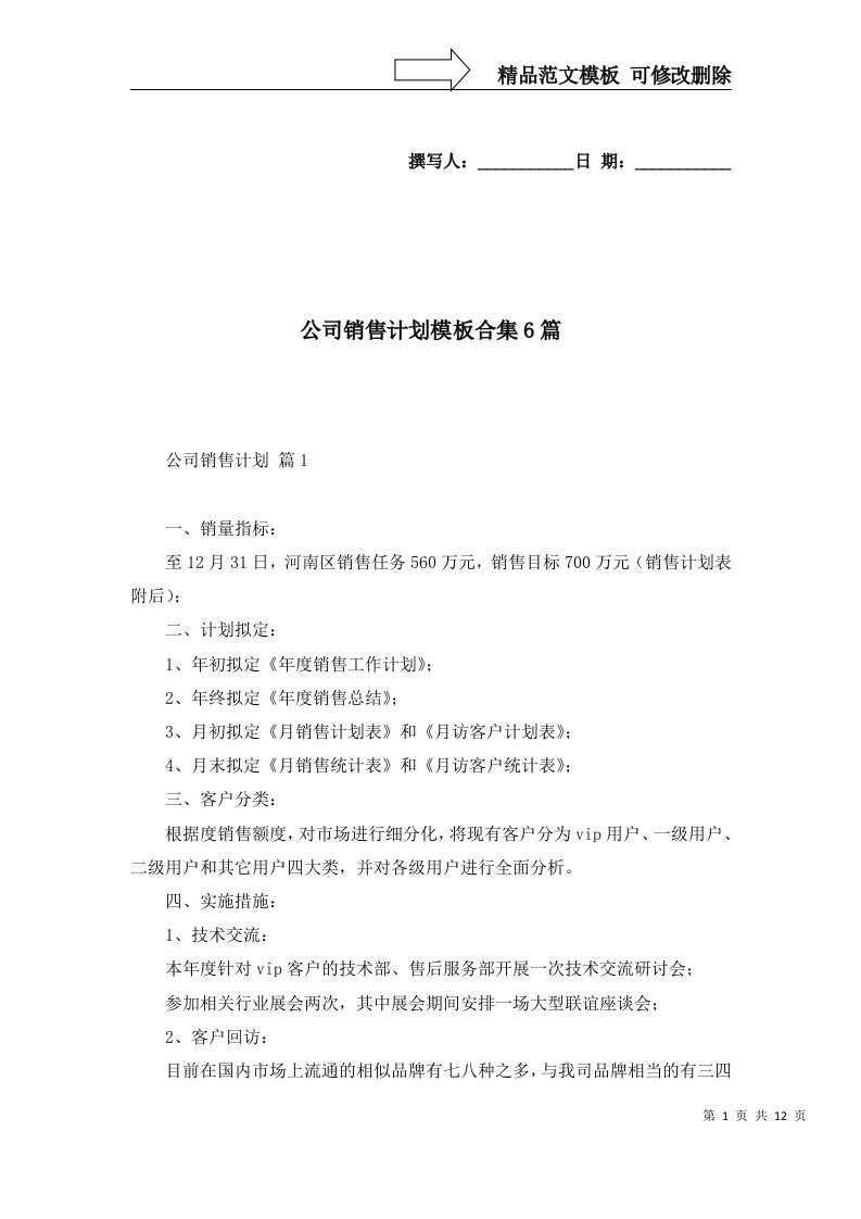 公司销售计划模板合集6篇二