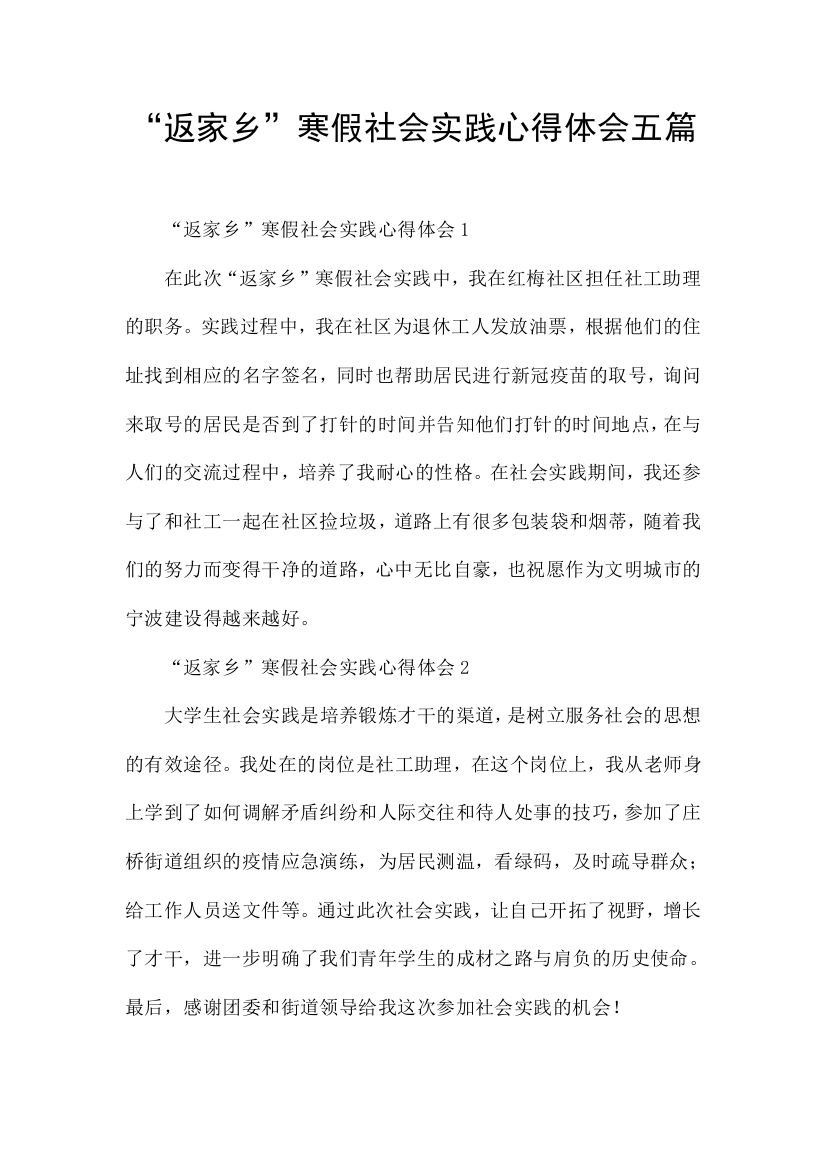 返家乡寒假社会实践心得体会五篇