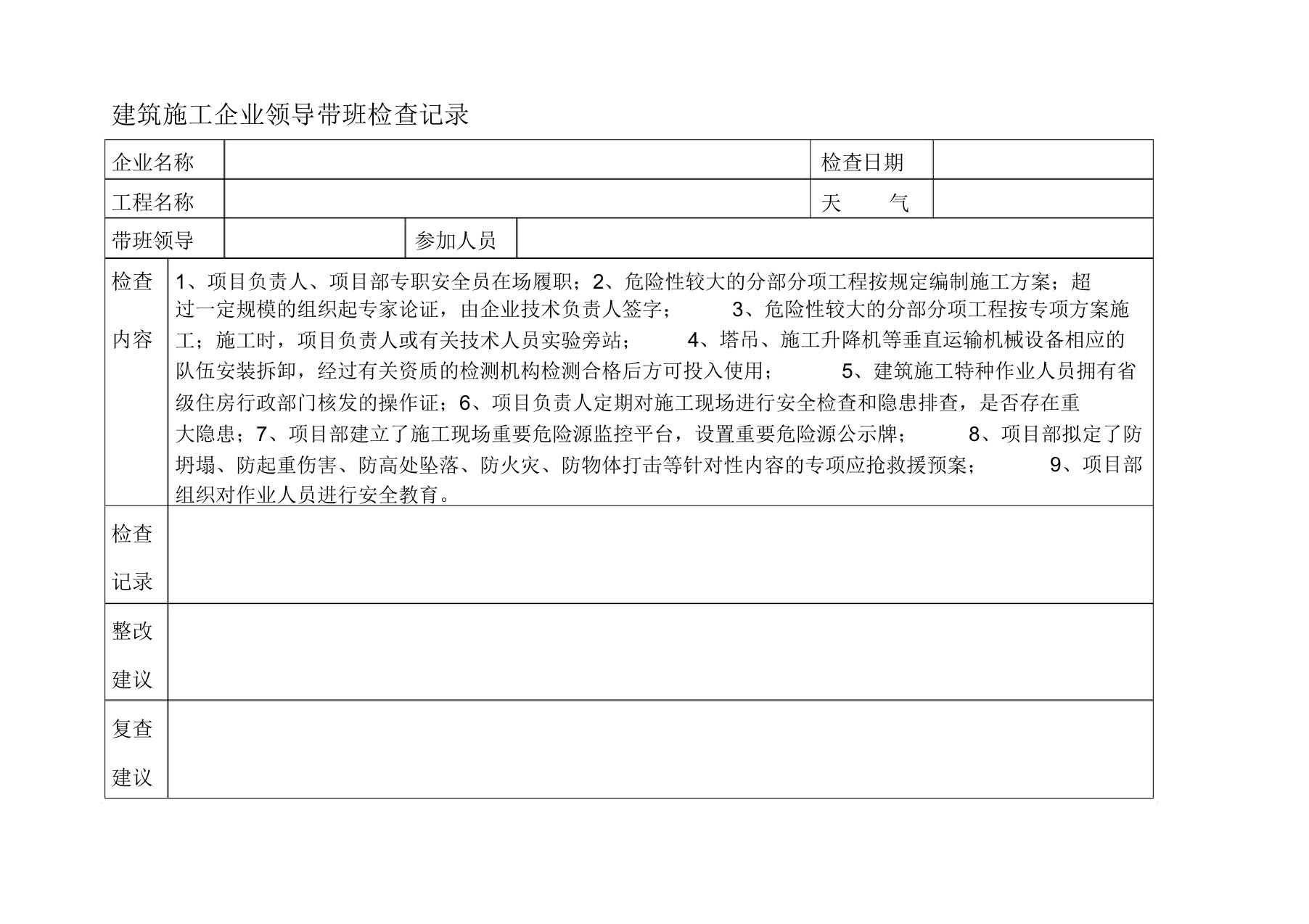 建筑施工企业领导带班检查记录范文