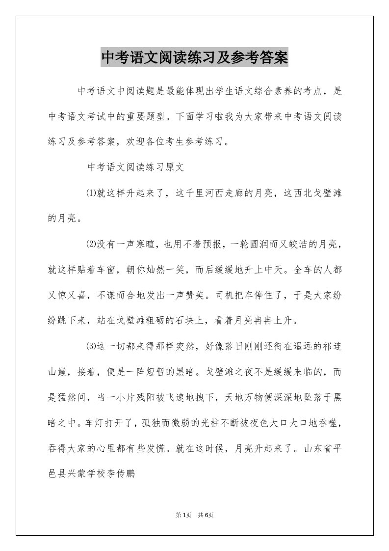 中考语文阅读练习及参考答案