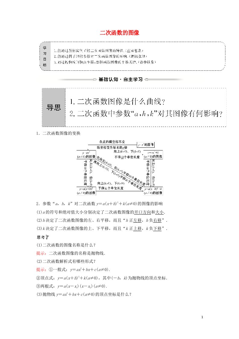 2021_2022学年高中数学第二章函数4.4.1二次函数的图像学案北师大版必修1