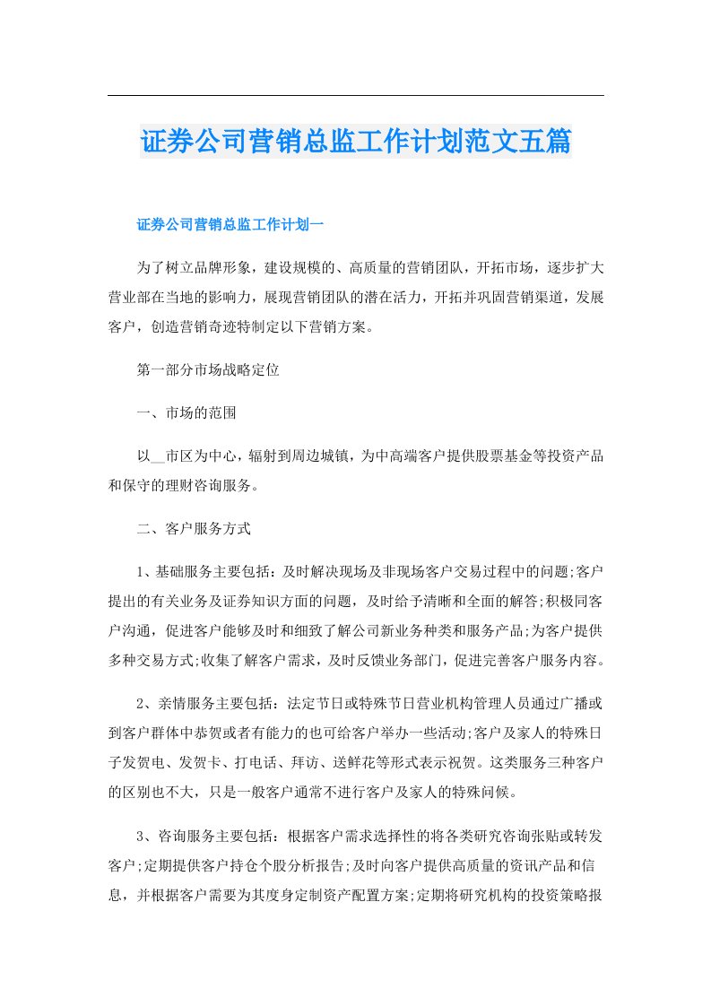 证券公司营销总监工作计划范文五篇