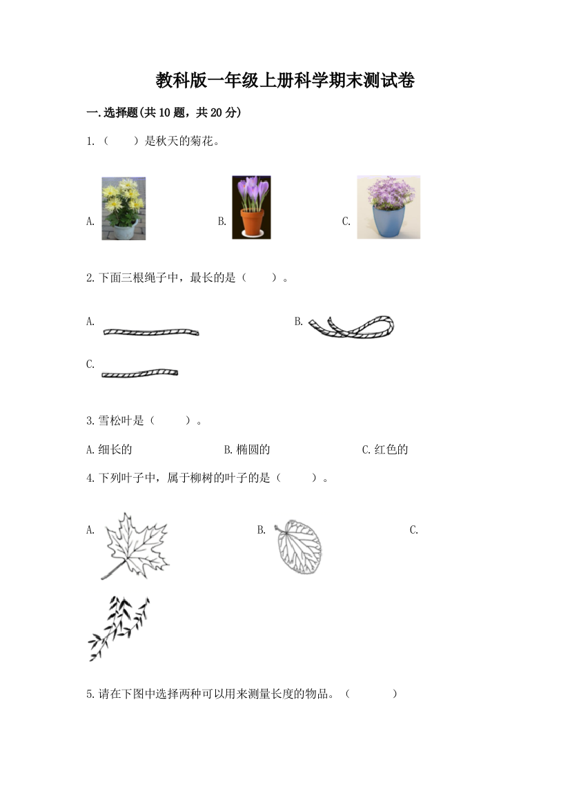 教科版一年级上册科学期末测试卷附答案【考试直接用】