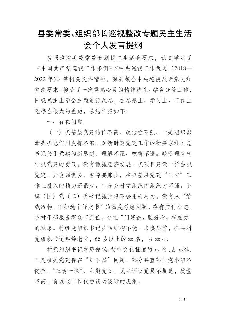 县委常委、组织部长巡视整改专题民主生活会个人发言提纲