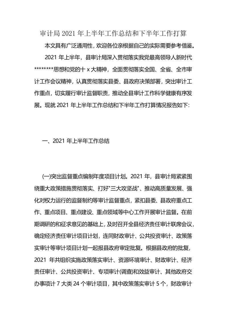 审计局2021年上半年工作总结和下半年工作打算