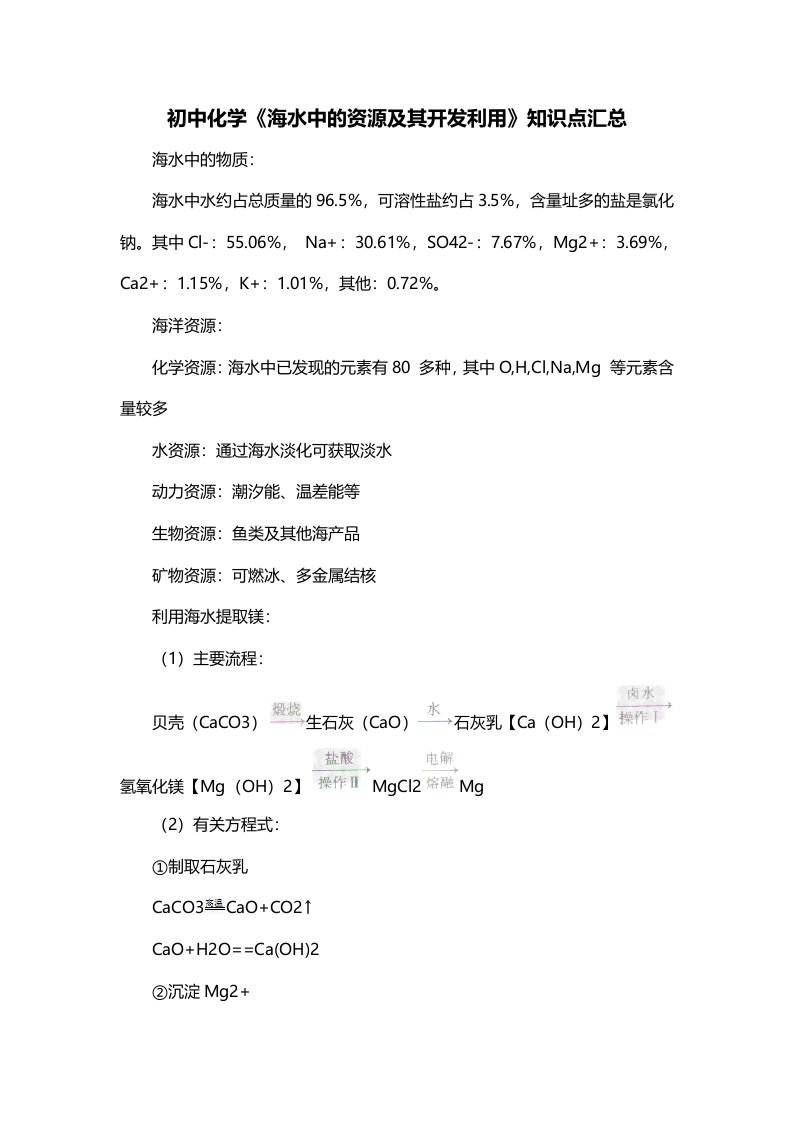 初中化学海水中的资源及其开发利用知识点汇总