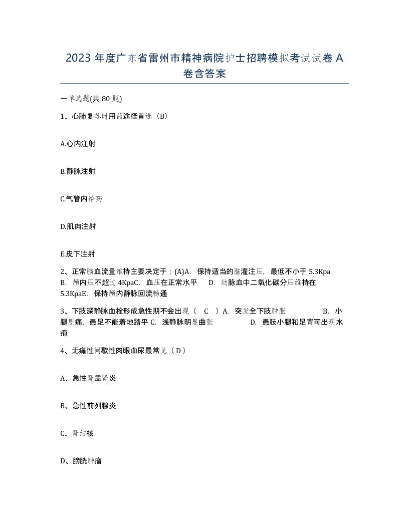 2023年度广东省雷州市精神病院护士招聘模拟考试试卷A卷含答案