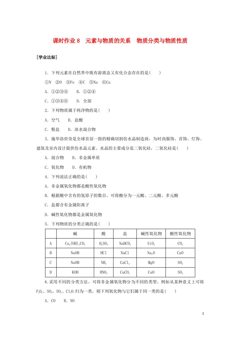 2022_2023学年新教材高中化学课时作业8元素与物质的关系物质分类与物质性质鲁科版必修第一册