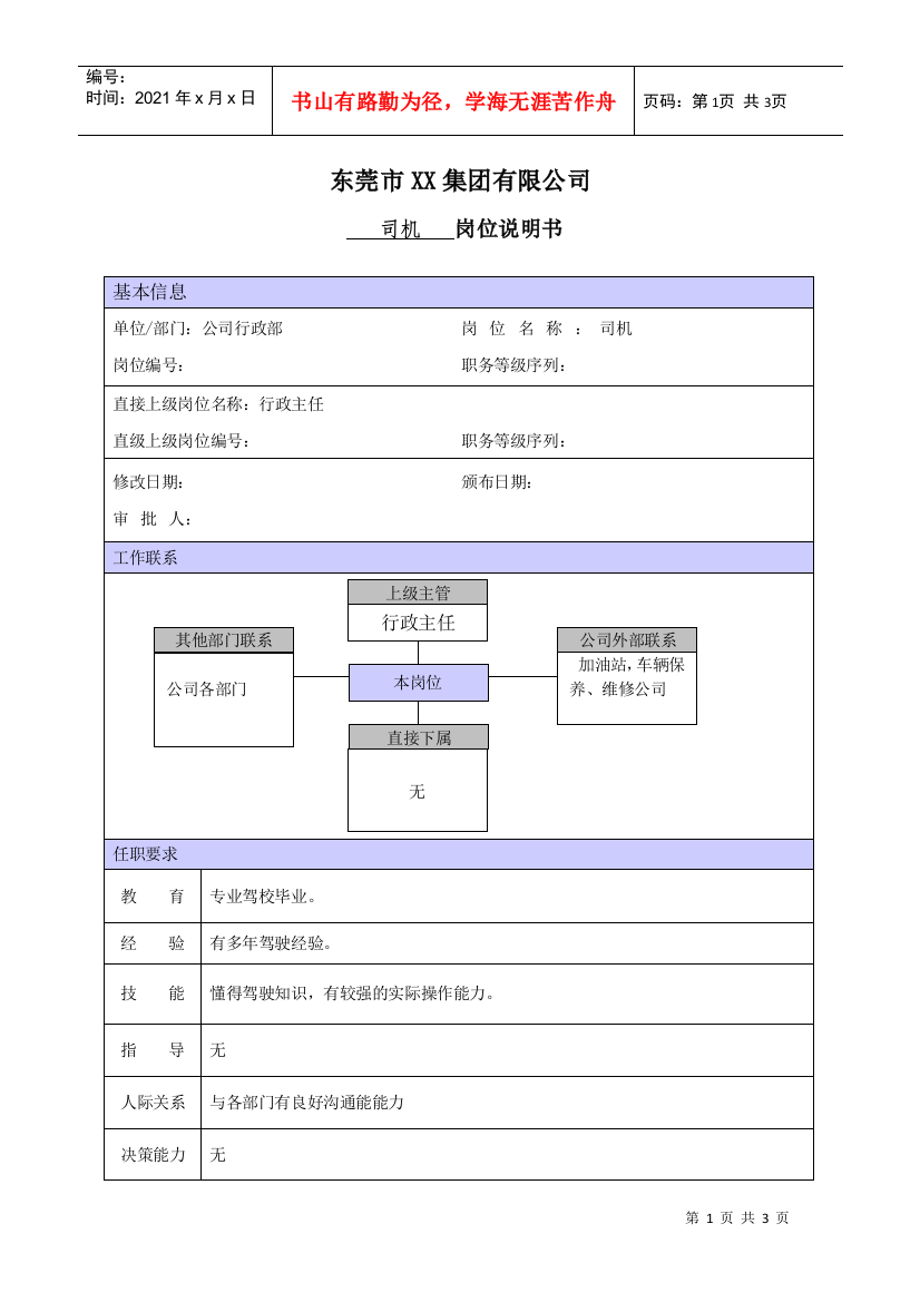 XX商场司机职位说明书