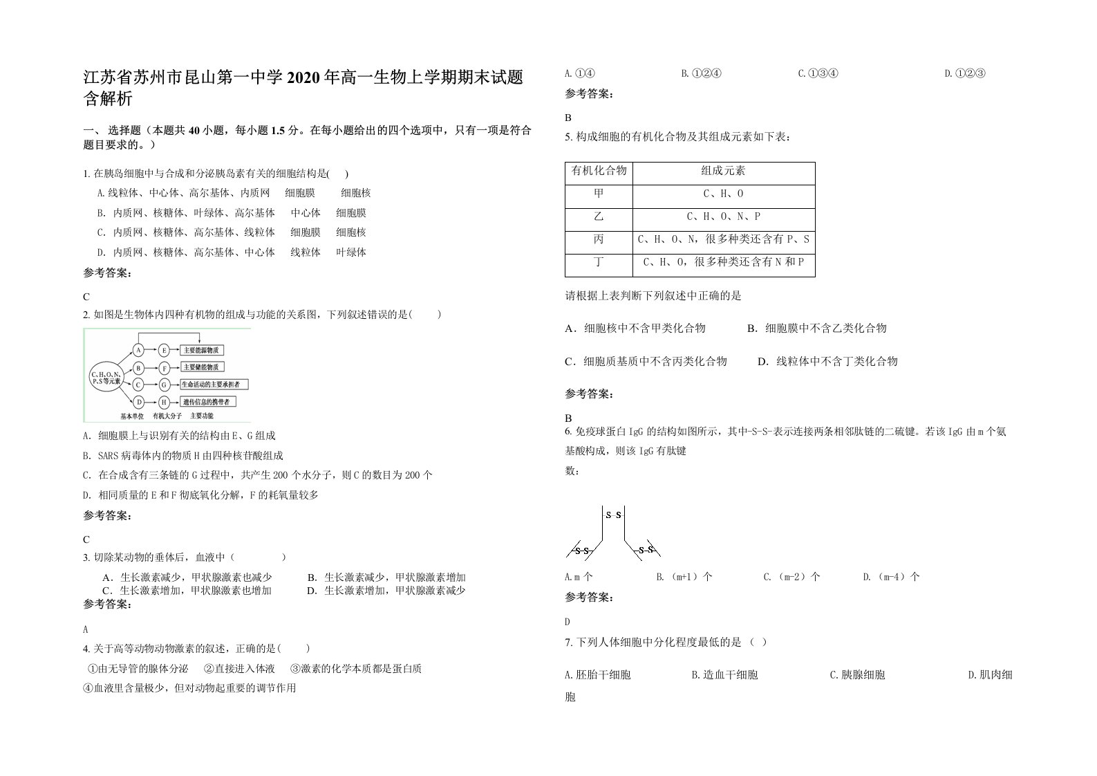 江苏省苏州市昆山第一中学2020年高一生物上学期期末试题含解析