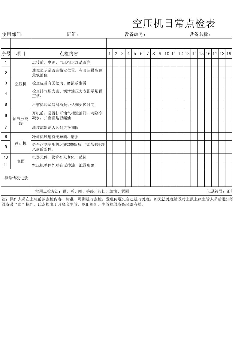 螺杆式空压机日常点检表