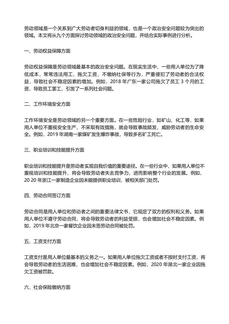 劳动领域政治安全九个方面