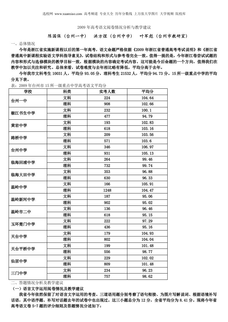 高考语文阅卷情况分析与教学建议