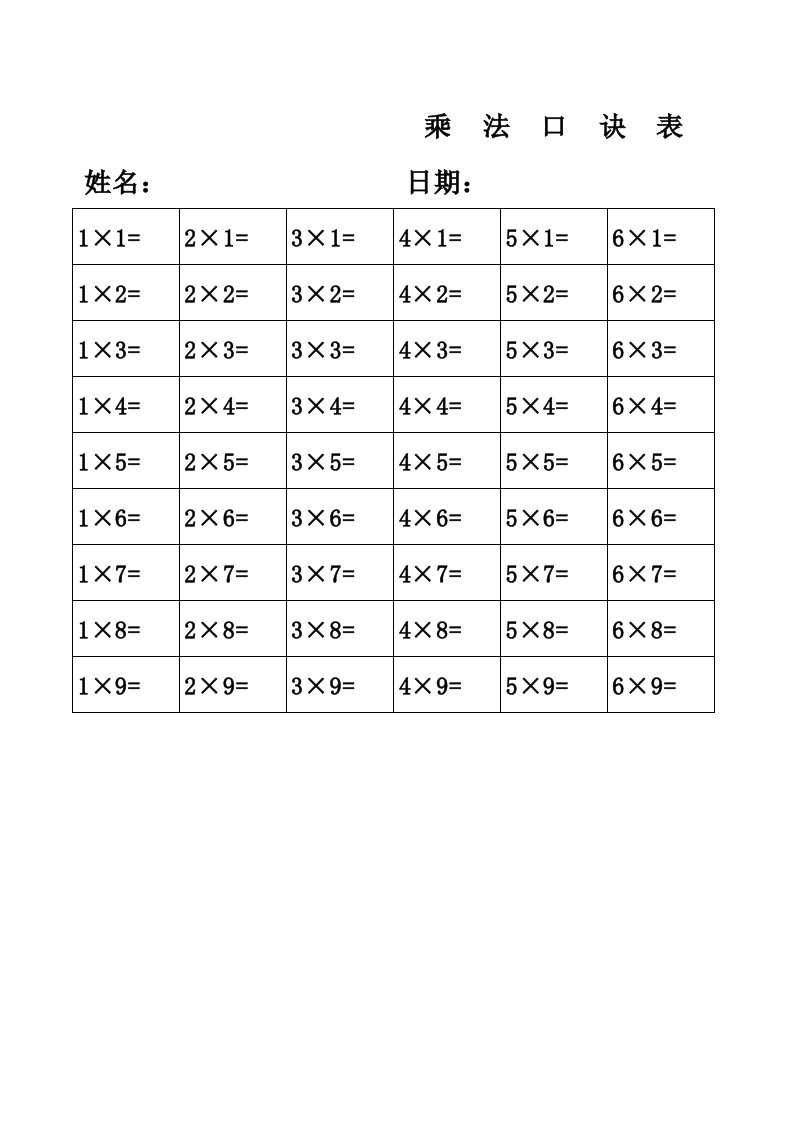 乘法口诀表齐倒序全版共81个(打印版)