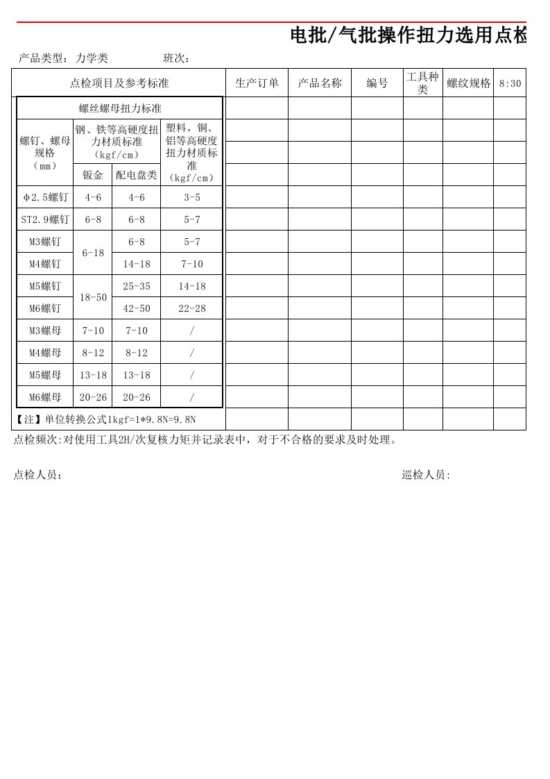 电批、气批操作扭力选用点检表