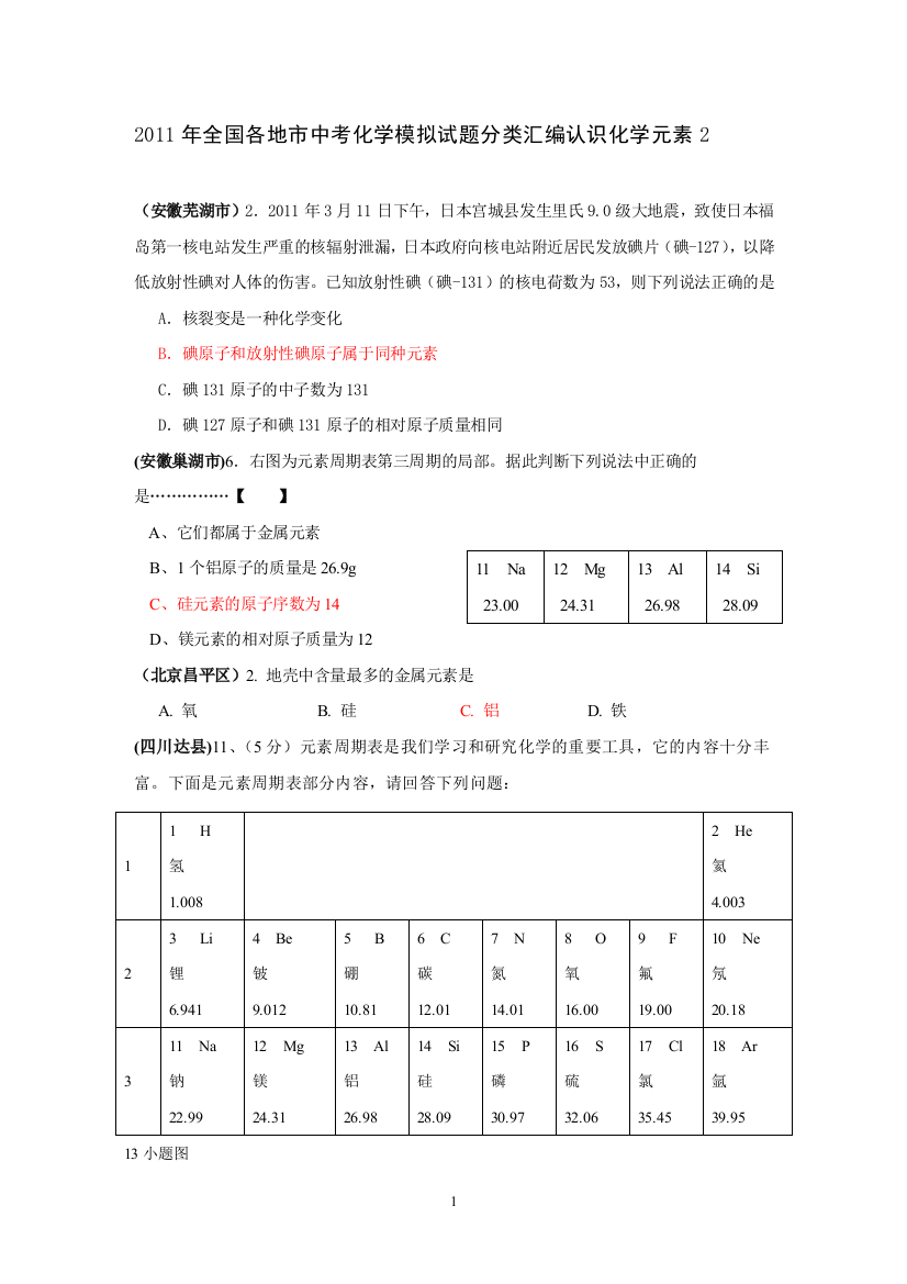 2011年全国各地市中考化学模拟试题分类汇编认识化学元素2