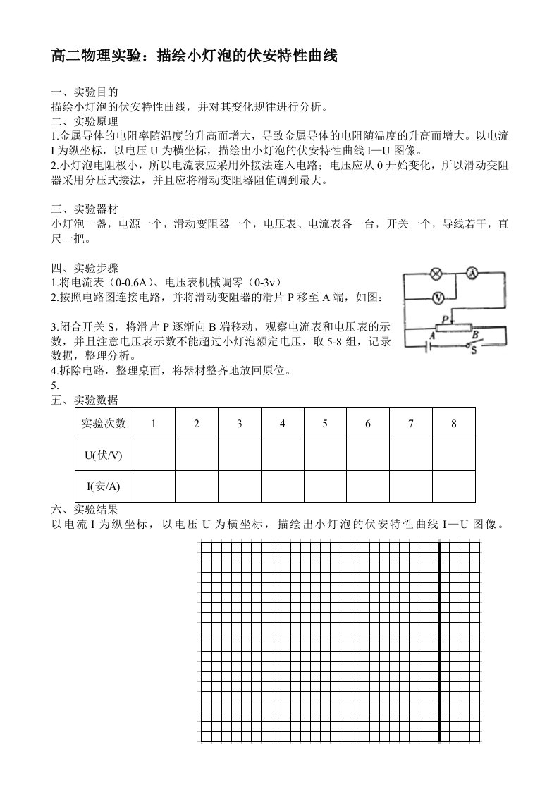 实验：描绘小灯泡的伏安特性曲线实验报告单