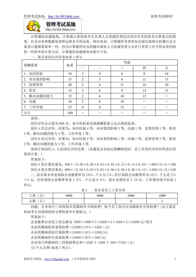 级人力资源管理师计算题汇总