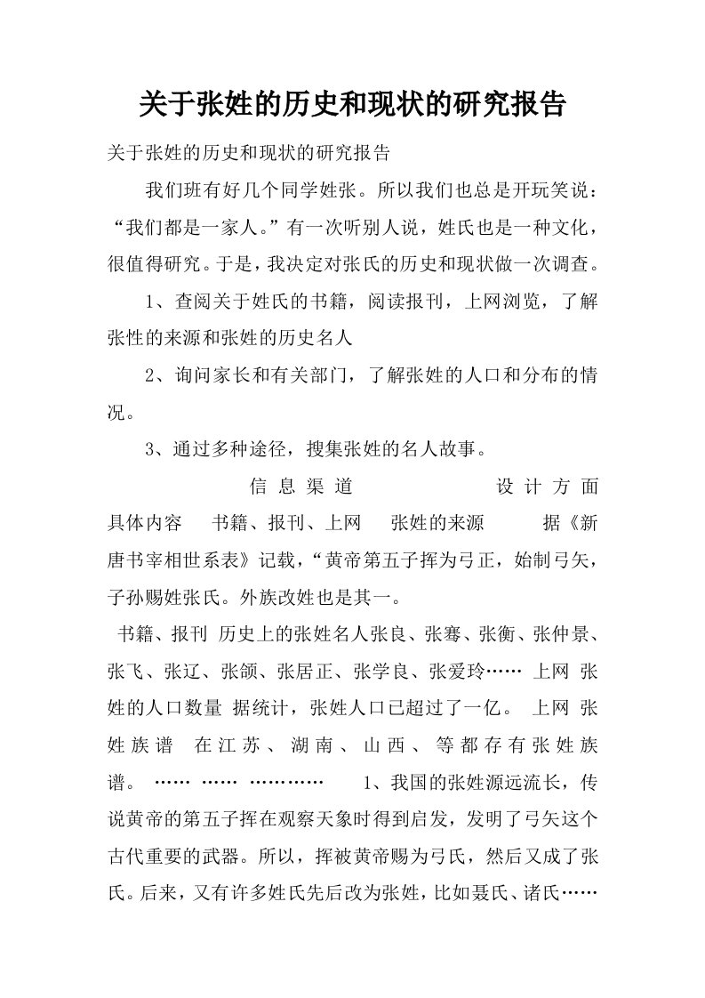 关于张姓的历史和现状的研究报告