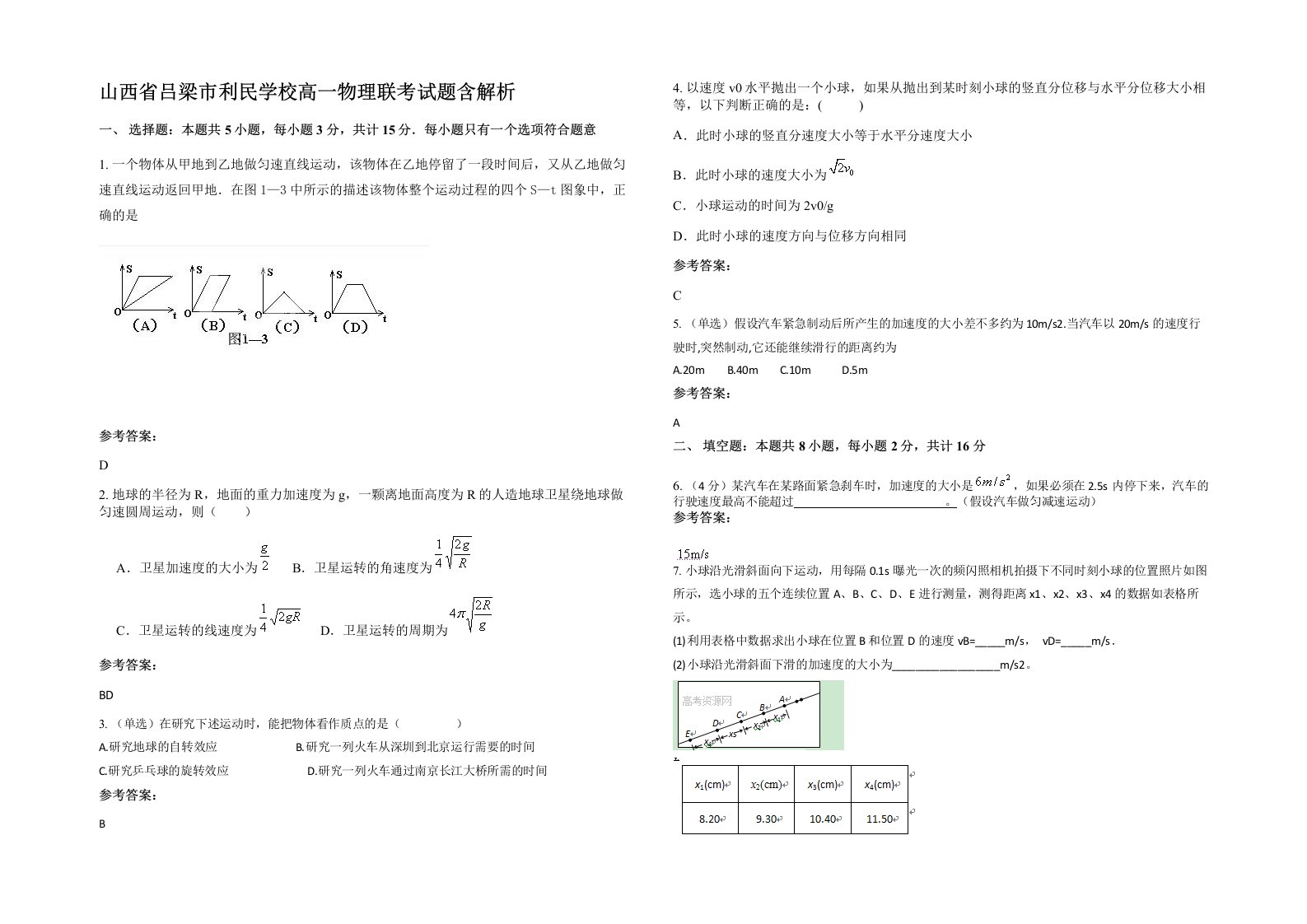 山西省吕梁市利民学校高一物理联考试题含解析