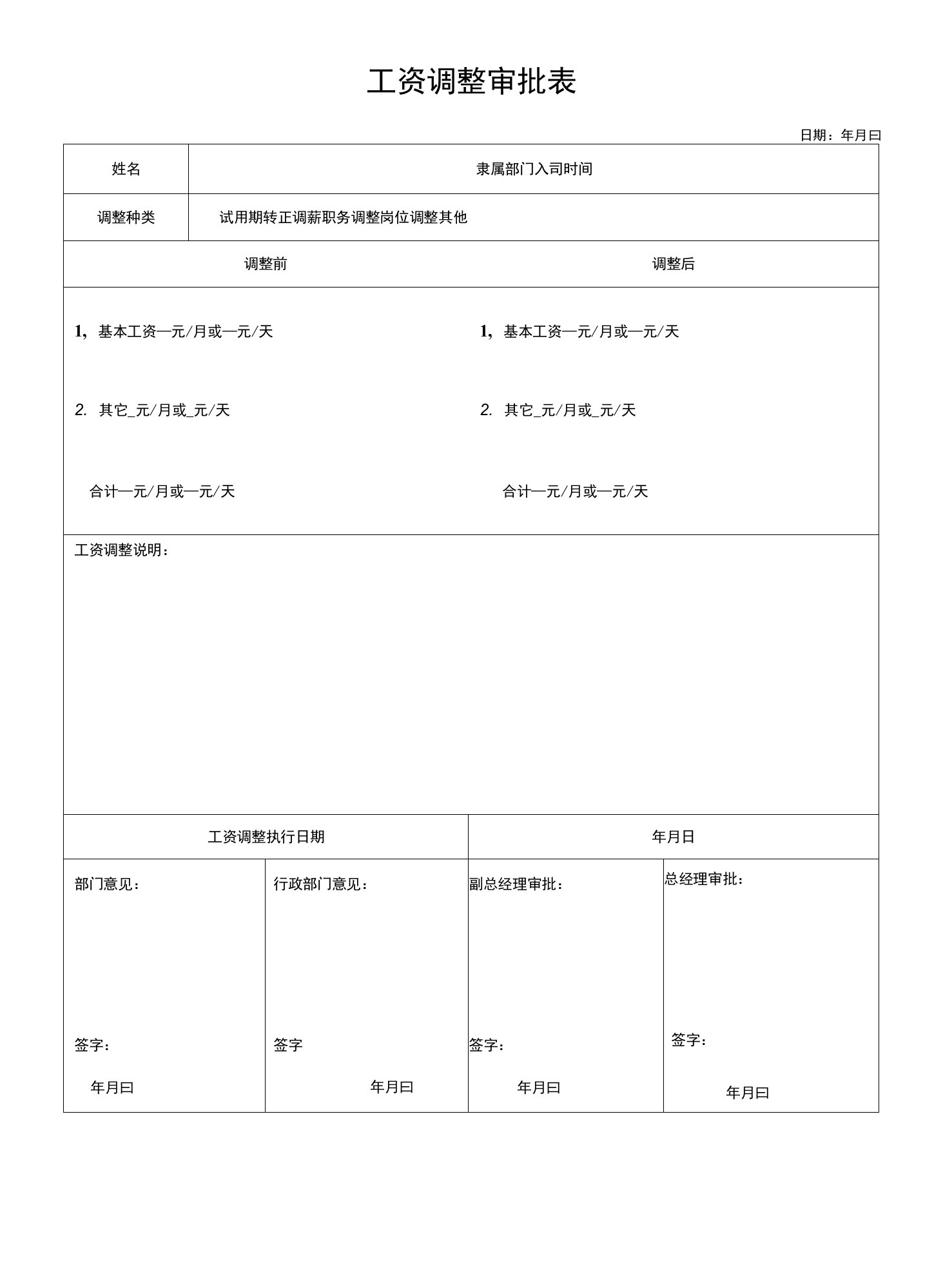 员工工资调整审批表