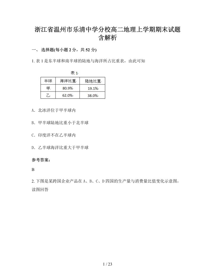 浙江省温州市乐清中学分校高二地理上学期期末试题含解析