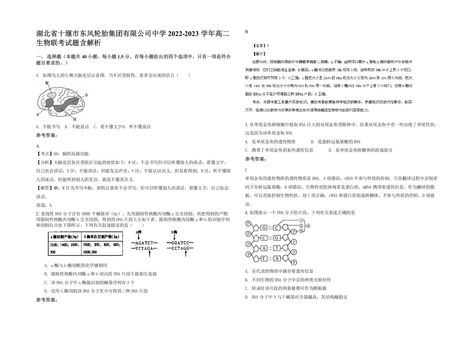 湖北省十堰市东风轮胎集团有限公司中学2022-2023学年高二生物联考试题含解析