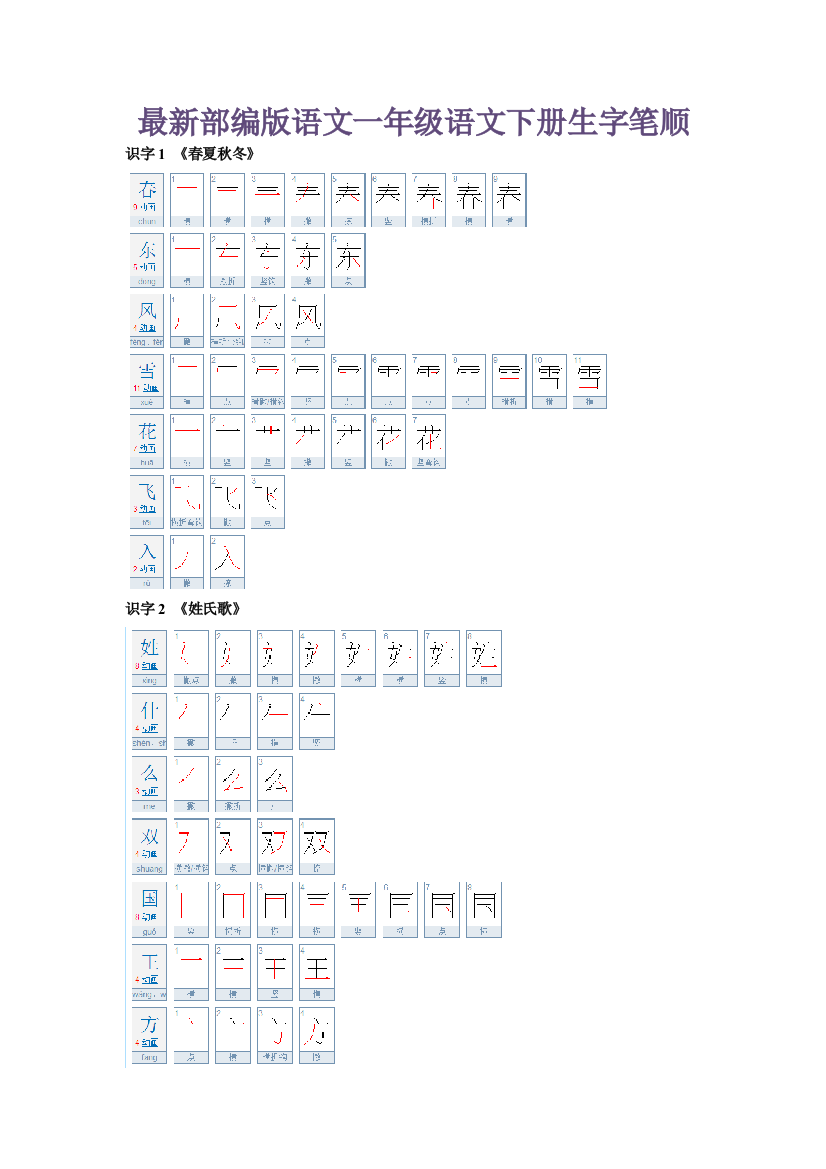 一年级语文下册生字笔顺练习资料