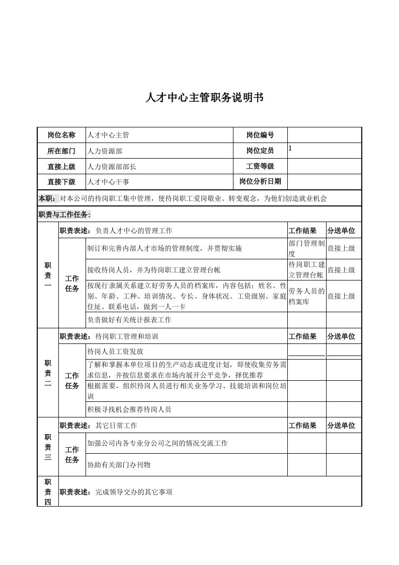 人才中心主管的职务说明书