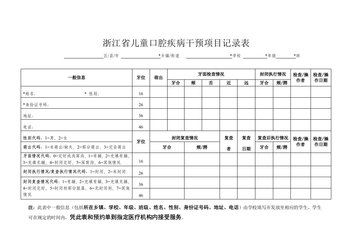 浙江省儿童口腔疾病干预项目记录表