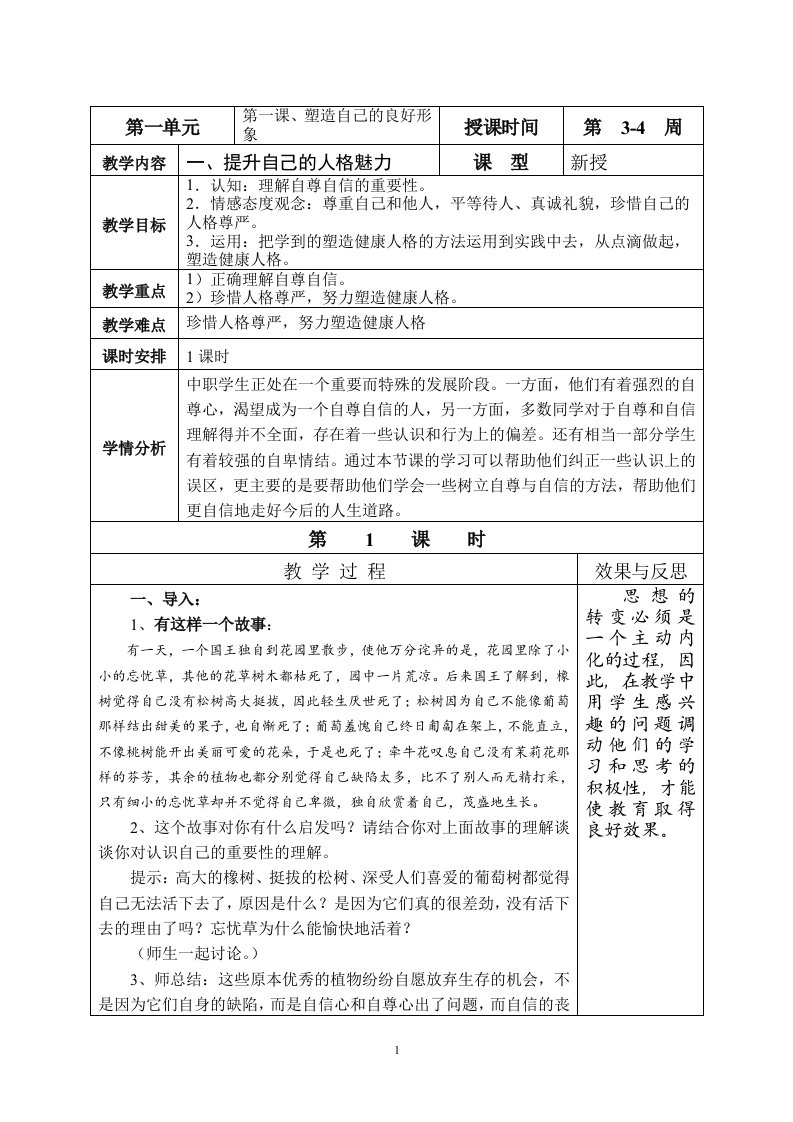 职业道德与法律资料第一课、1、提升自己的人格魅力教案资料