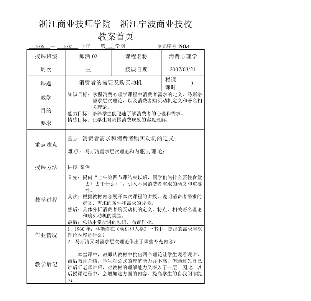 (完整word版)消费者动机公开课教案和笔记