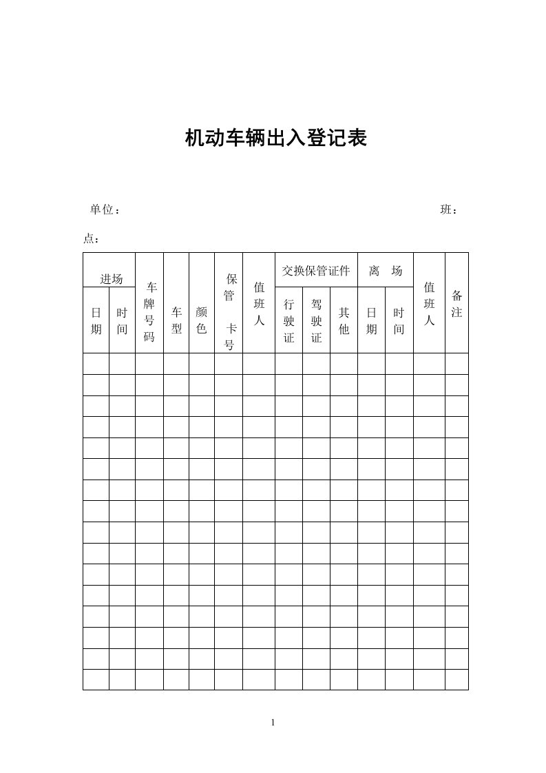 机动车辆出入登记表（表格模板、DOC格式）