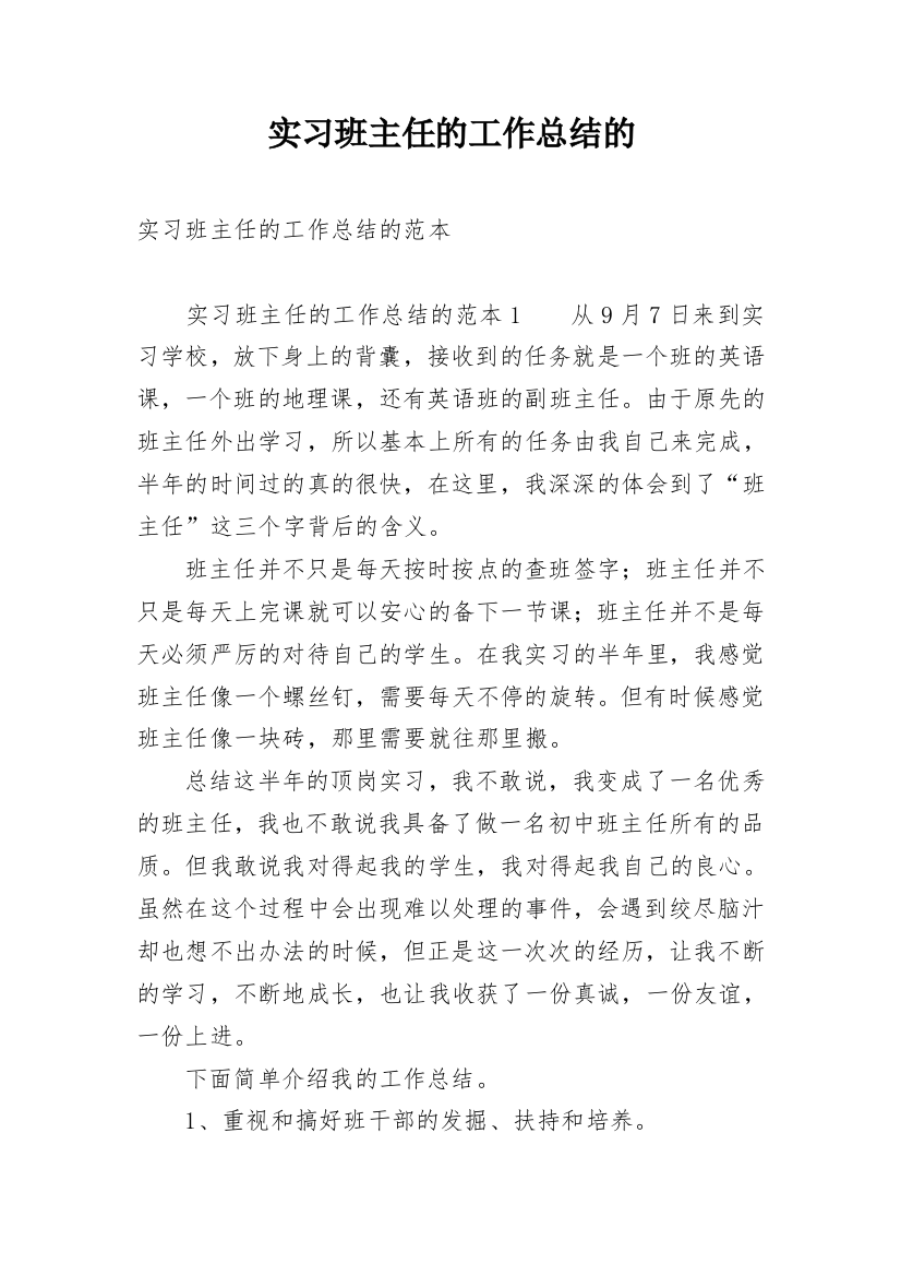 实习班主任的工作总结的