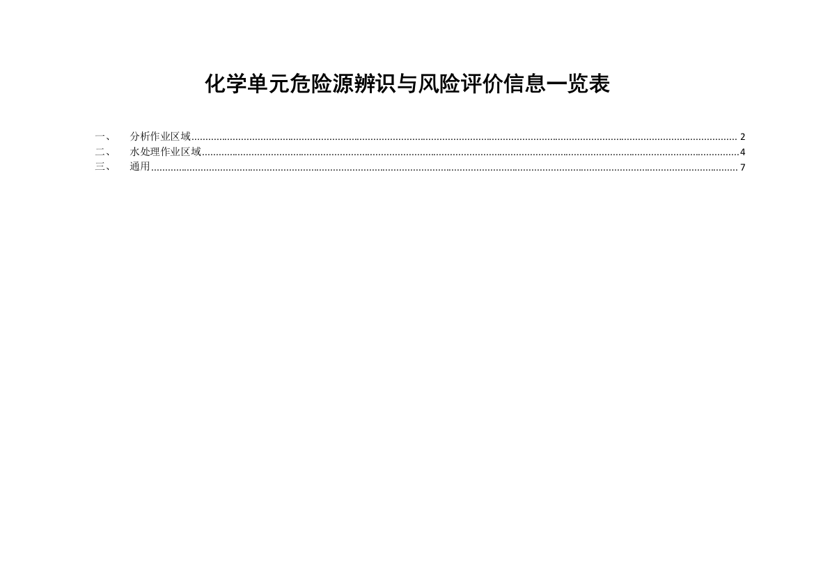 化学单元危险源辨识与风险评价信息一览表