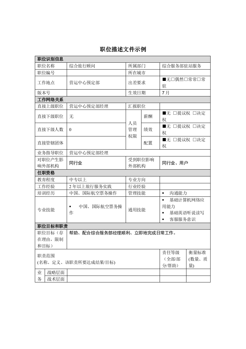 综合旅行顾问岗位职责样本