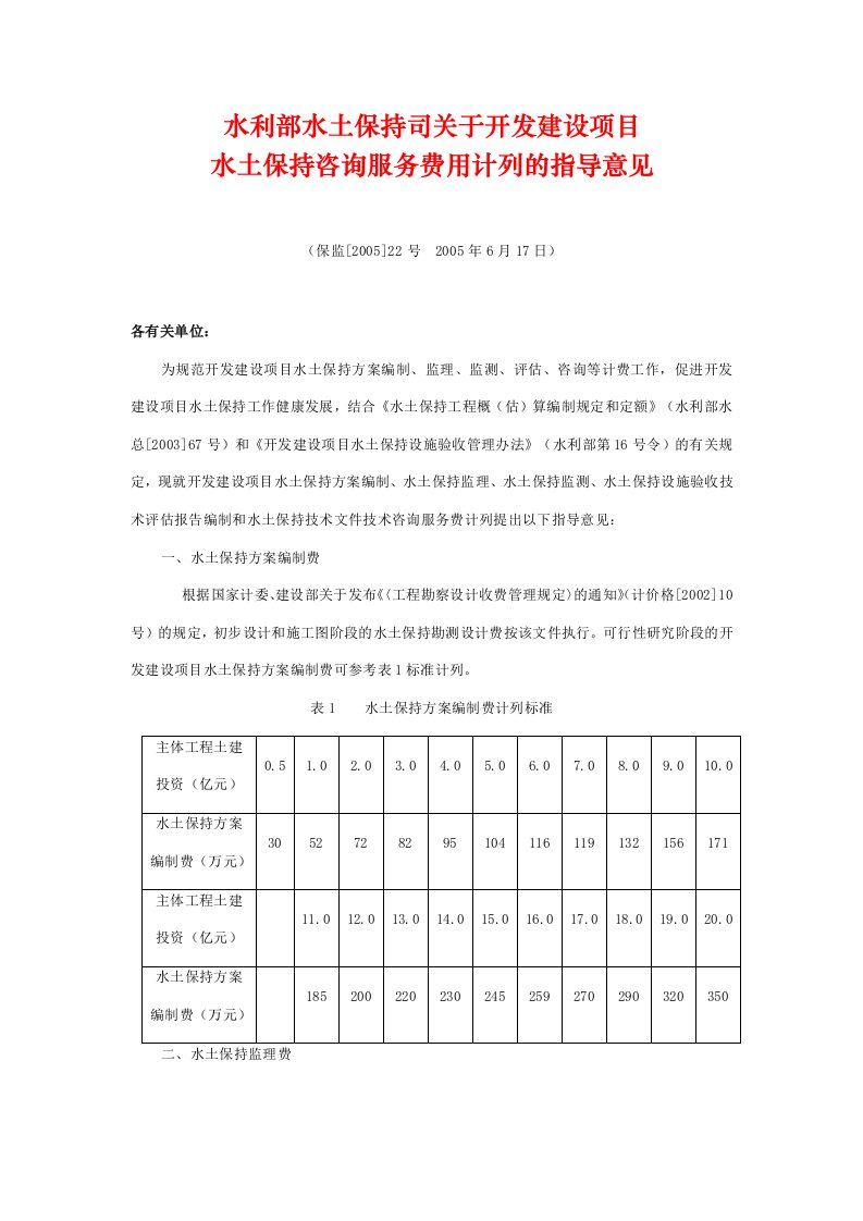 水土保持开发建设项目收费标准