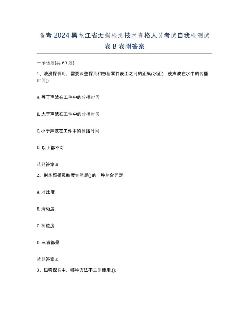 备考2024黑龙江省无损检测技术资格人员考试自我检测试卷B卷附答案