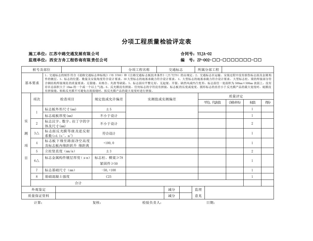 标志牌分项工程质量检验评定表