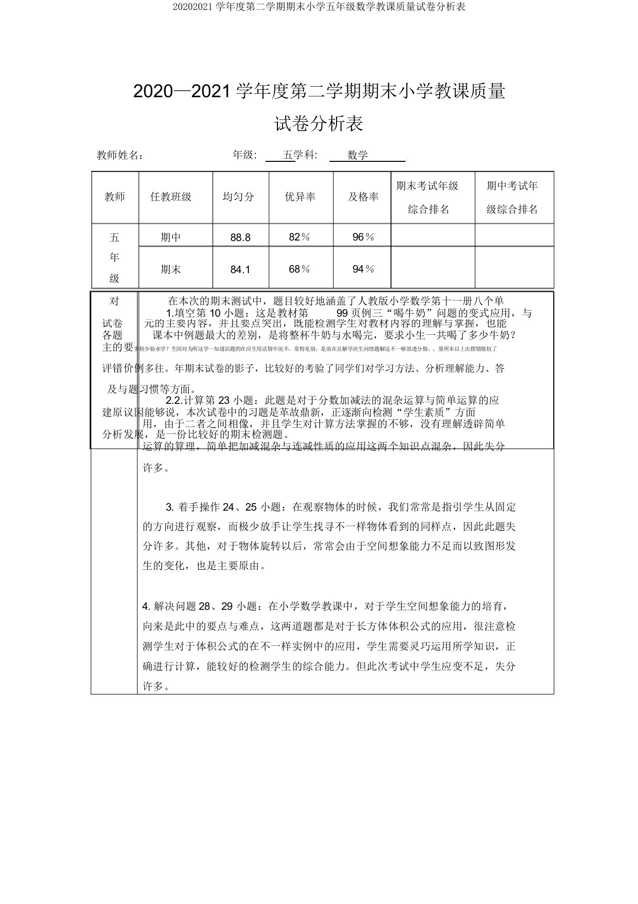 20202021学年度第二学期期末小学五年级数学教学质量试卷分析表