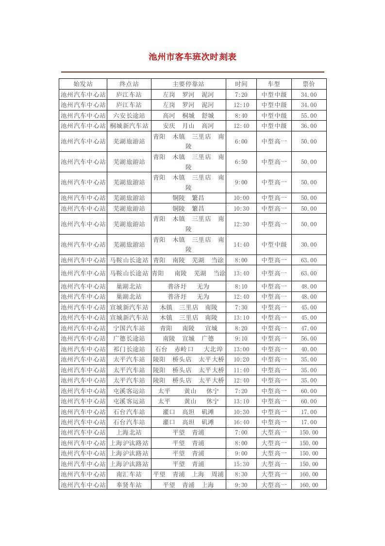 池州汽车站时刻表