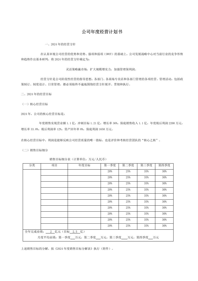 公司年度经营计划书