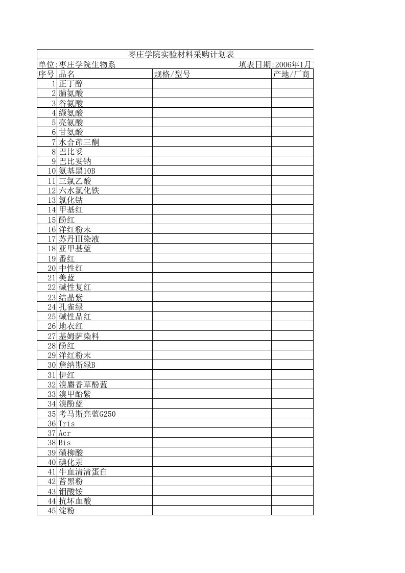 表格模板-枣庄学院实验材料采购计划表