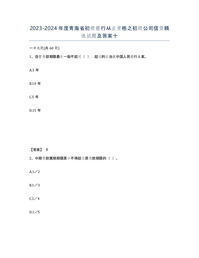 2023-2024年度青海省初级银行从业资格之初级公司信贷试题及答案十